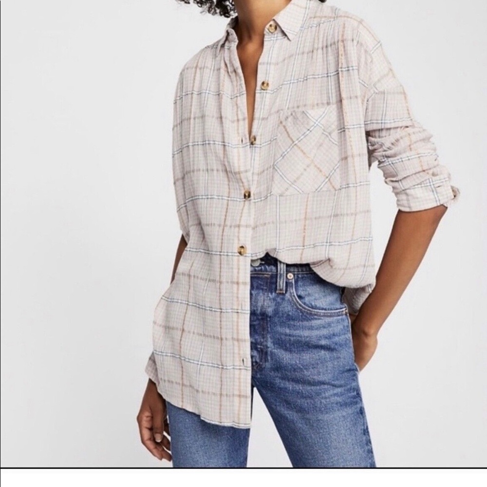Free People Oversized Flannel with gold metallic stripes.